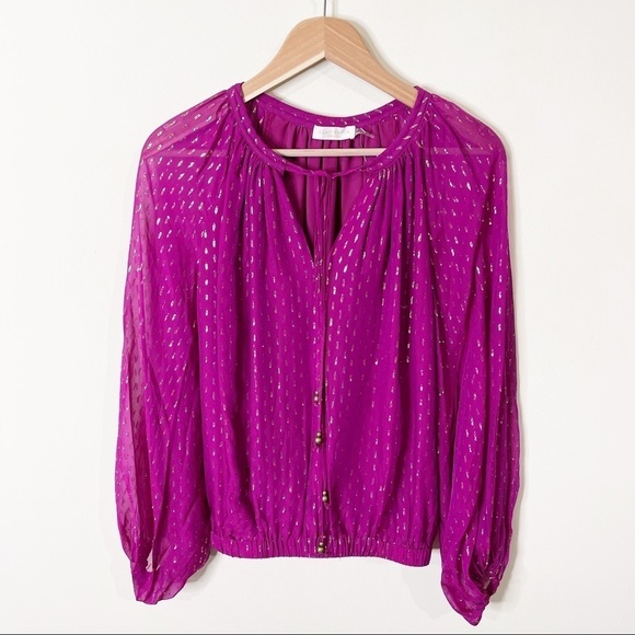Ramy Brook Deep Fuschia Anora Metallic Fleck Silk Balloon Sleeves Blouse XXS - Picture 5 of 10